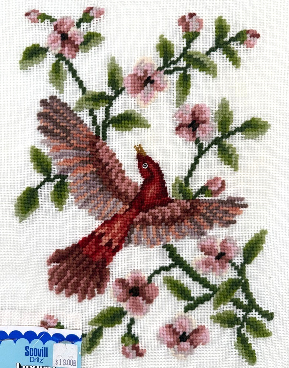 Vintage Preworked Decorator Needlepoint Canvas Red Bird Floral Dritz Design 10x7